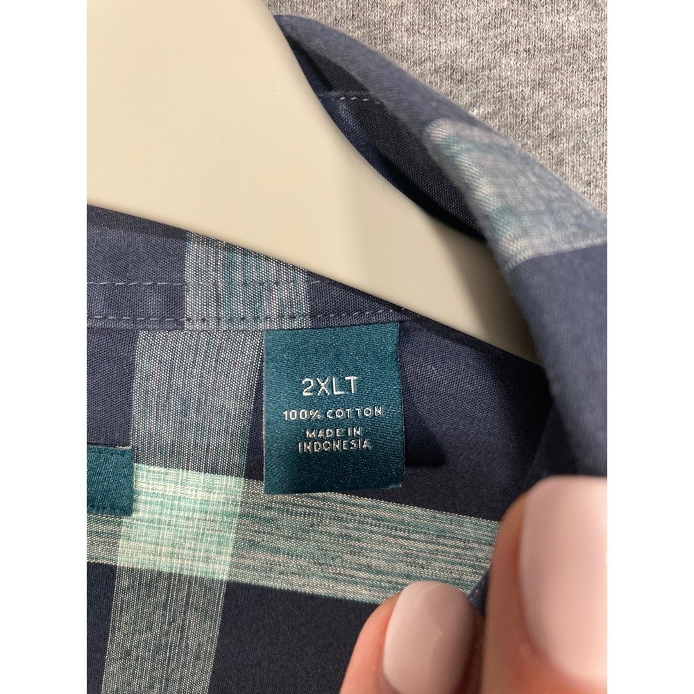 Perry Ellis Mens 2XLT Short Sleeve Button Down Shirt Navy Teal Plaid Cotton Tall - Picture 7 of 8